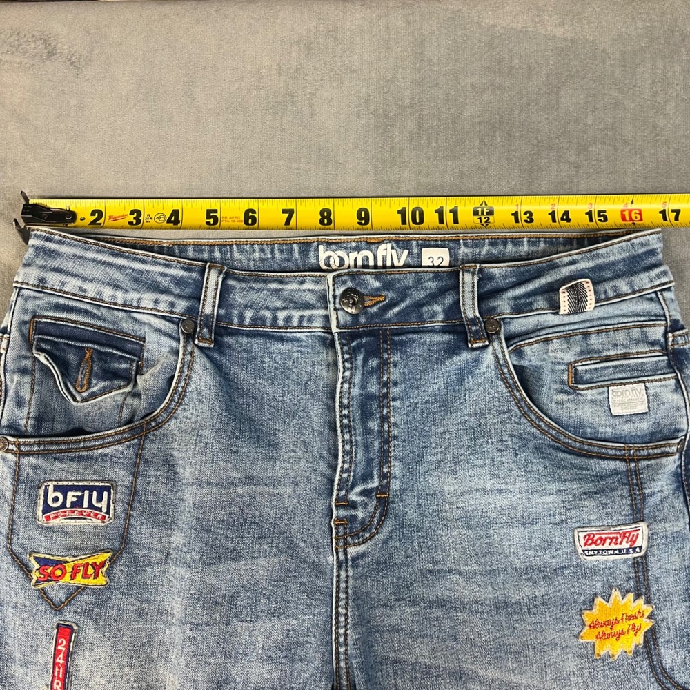 Born Fly Jeans Men's Size 32 x 31 Graphic Patch Slim Straight Denim - Picture 5 of 10
